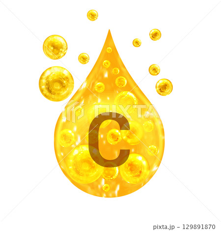 Vitamin C. Images golden drop and balls with oxygen bubbles. Health concept. Isolated  129891870