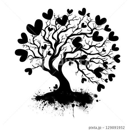 Tree black with hearts and blots. print on T-shirt. hand drawing. Not AI. Happy Valentine's Day. Vector illustration. 129891932
