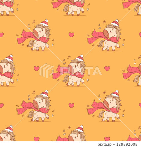Seamless pattern with Cute Autumn Horse with Fall Leaves on orange background. Funny seasonal Animal character in red Hat and Scarf. Vector illustration. Kids collection. Not AI 129892008