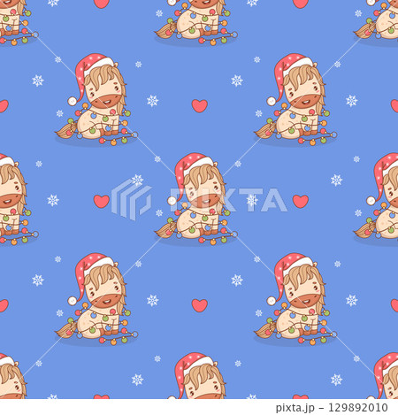 Seamless pattern Cute Christmas Horse in Santa hat with Garland on blue background with snowflakes. Funny New Year Animal Pony. Symbol 2026 to Eastern calendar. Vector illustration. Not AI 129892010