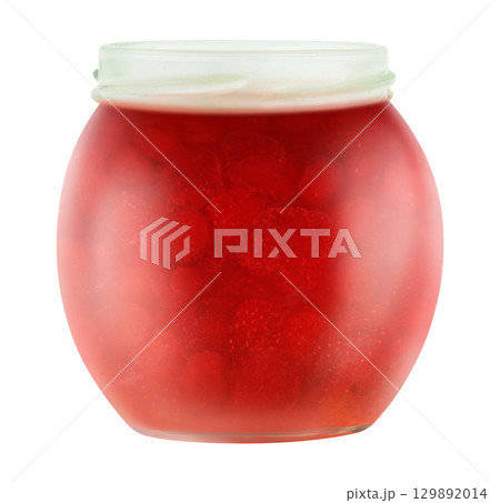 Strawberry jam in open glass jar isolated on white 129892014