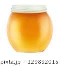 Open glass jar of honey isolated on white background 129892015