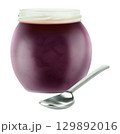 Blueberry jam in open glass jar with spoon isolated on white bakground 129892016