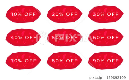 Red discount banner set, the shapes of stones with memphis style elements, coupons in many percentage variations, hot offers from 10% to 90%, buttons to increase sales on your website Red discount banner set, the shapes of stones with memphis style elements, coupons in many percentage variations, hot offers from 10% to 90%, buttons to increase sales on your website 129892109