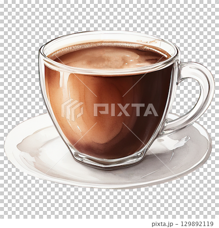Delicate glass espresso cup illustration in watercolor, isolated on white background. Great for coffee shop signage or specialty brew branding 129892119