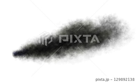 Thick black exhaust smoke cloud trail isolated from aircraft or vehicle with combustion engine 129892138