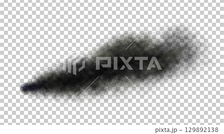Thick black exhaust smoke cloud trail isolated from aircraft or vehicle with combustion engine 129892138