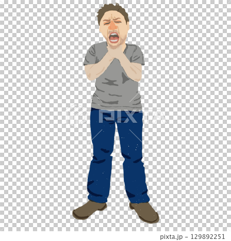 一名男子抱怨喉嚨痛和窒息的全身插圖 129892251