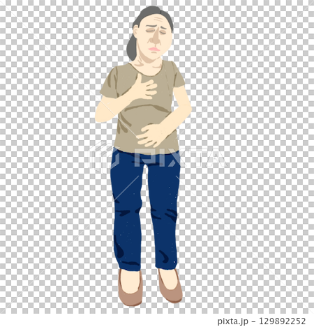 Full-body illustration of a woman complaining of chest and stomach pain Full-body illustration of a woman complaining of chest and stomach pain 129892252