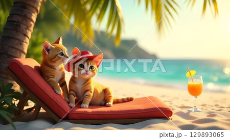 Two cats relax on lounge chairs at a tropical beach during sunset. One cat wears a hat and sips a drink, capturing a serene vacation vibe 129893065