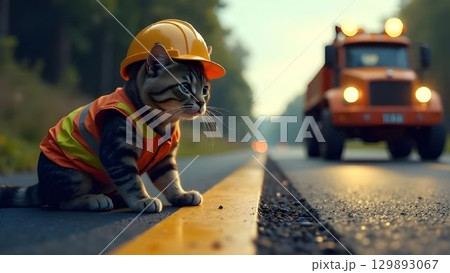 A cat wearing an orange construction helmet and vest carefully examines the yellow-striped road, while construction vehicles are working nearby during an overcast morning 129893067