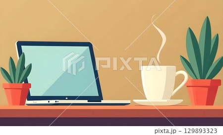 laptop cup of tea or coffee in a cafe freelance workplace with potted flowers, minimalism 129893323