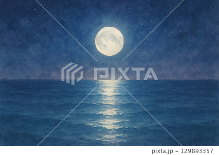 満月が海に映る幻想的な夜景の水彩風イラスト背景 129893357