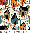 Seamless whimsical pattern with Baba Yaga s fairy houses hidden in the enchanted forest surrounded by magical trees and flowers in folk art style 129893488