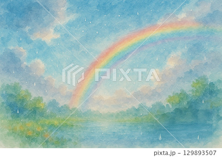 青空にかかる虹の幻想的な水彩風イラスト背景 129893507