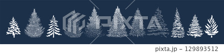 Set of graphic snowy Christmas trees. hand drawing. Not AI. Vector illustration 129893512