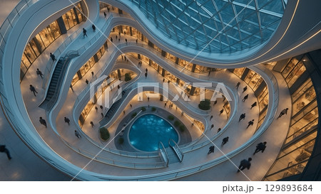 近未来的なデザインのショッピングモールの吹き抜け 近未来的なデザインのショッピングモールの吹き抜け 129893684