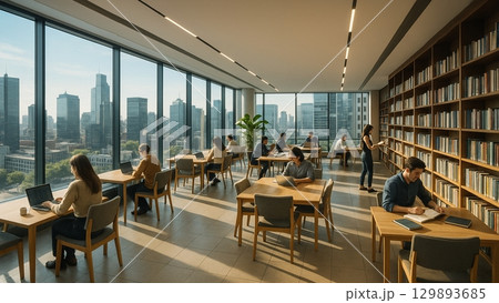 大きな窓から都会を望むモダンな図書館の自習スペース 大きな窓から都会を望むモダンな図書館の自習スペース 129893685