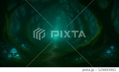 闇に光る幻想の森と蒼いキノコ 129893981