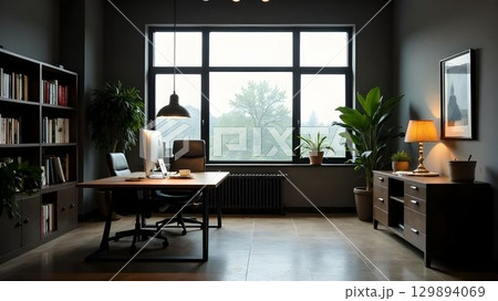 Spacious Bright Office with Computer Furniture Interior lamp 129894069