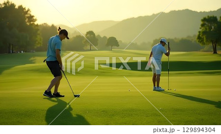 Golfers play clear weather on the golf course Golfers play clear weather on the golf course 129894304