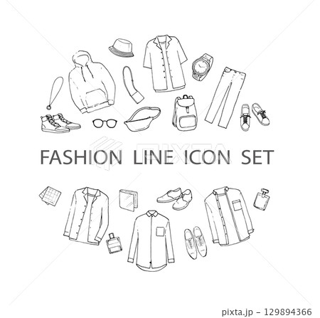 メンズカジュアルファッションと小物の線画セット 円背景 メンズカジュアルファッションと小物の線画セット 円背景 129894366