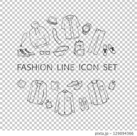 Men's casual fashion and accessories line drawing set with circle background Men's casual fashion and accessories line drawing set with circle background 129894366