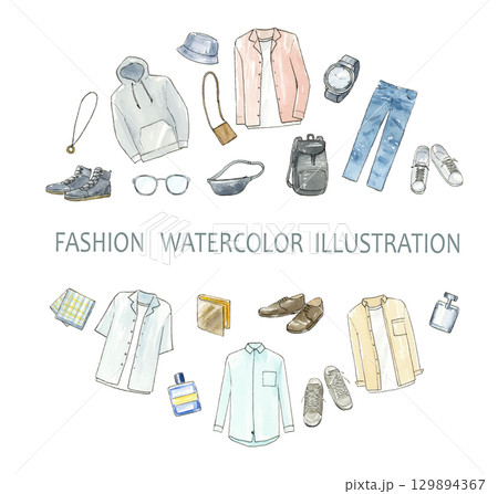 メンズカジュアルファッションと小物の水彩イラストセット　円背景 129894367