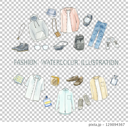 Men's casual fashion and accessories watercolor illustration set with circle background Men's casual fashion and accessories watercolor illustration set with circle background 129894367