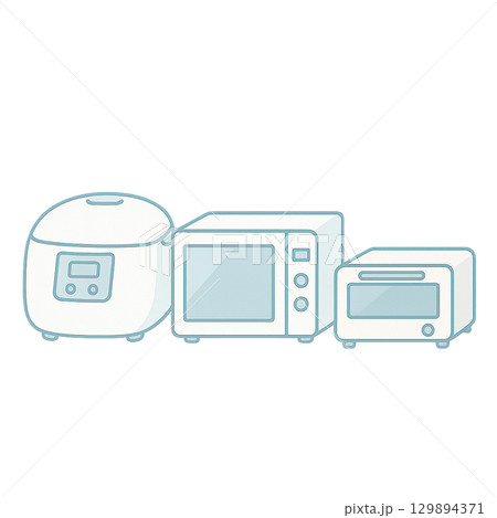 キッチン家電セットのイラスト（炊飯器・電子レンジ・オーブントースター・切り抜き） 129894371