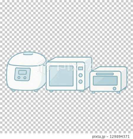 キッチン家電セットのイラスト（炊飯器・電子レンジ・オーブントースター・切り抜き） 129894371
