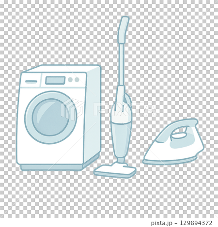 生活家電セットのイラスト（洗濯機・掃除機・アイロン・切り抜き） 129894372