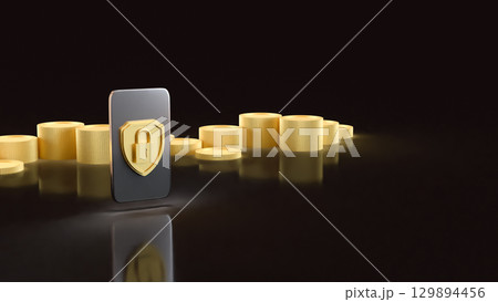 The Gold shield and Mobile for Security concept 3d Rendering. 129894456