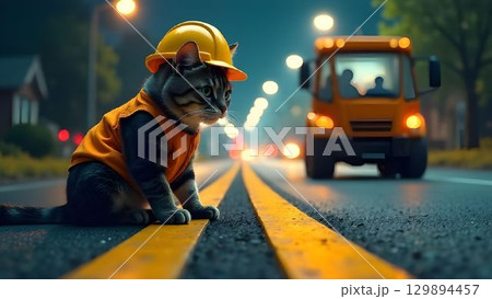 Cat in a Hard Hat, Builder Sitting On Dorg And Looking At The Work Of A Road Construction Machine 129894457