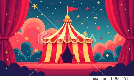 A vibrant circus tent stands tall against a starry sky. People gather excitedly around, waiting for the performances to begin, enjoying the festive atmosphere. 129894513