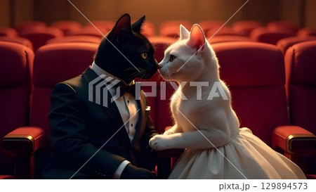 Cats in formal attire share a romantic moment in a theater filled with empty seats during a special event 129894573