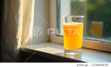 Morning sunlight illuminates a glass of orange juice on a windowsill with soft curtains in the background 129894650