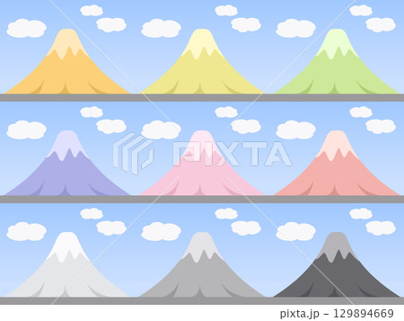 カラフルな山々が並ぶ風景 青空背景のイラスト 129894669