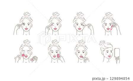 Beauty Girl Applying Face Makeup with Brushes and Sponges. Woman use Mascara, Facial Foundation, Serum and other Make Up Beauty Products. Cosmetics Concept 129894854