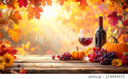秋のワインと紅葉のテーブル 秋のワインと紅葉のテーブル 129894975
