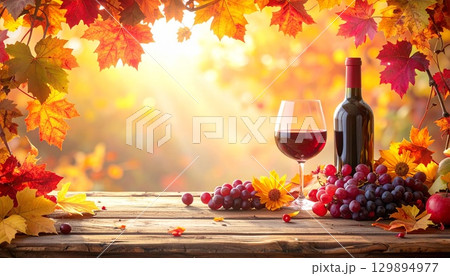 秋のワインと紅葉のテーブル 129894977
