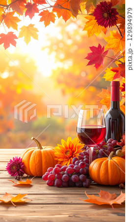 秋のワインと紅葉のテーブル 129894979