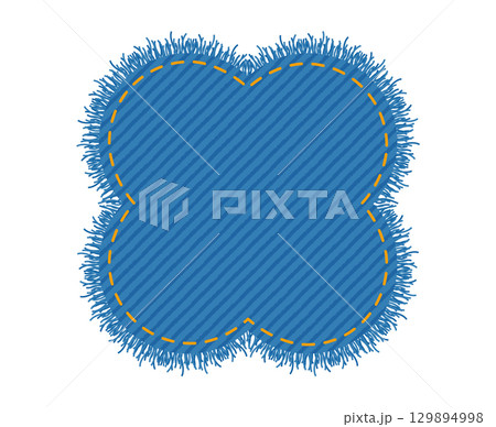 Patch denim Four-lobed clover shape with stitches seam torn Frayed edges jeans label fashion illustration. Flat apparel Patch denim Four-lobed clover shape with stitches seam torn Frayed edges jeans label fashion illustration. Flat apparel 129894998