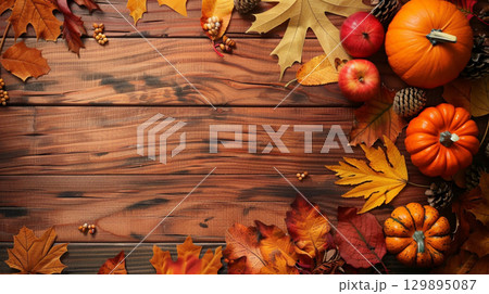 Autumn frame of pumpkins brown wooden table. Decor for Halloween, Thanksgiving. 129895087