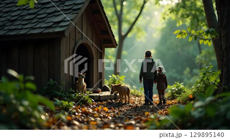 Two children walking towards a dog house in a serene forest during the morning light 129895140