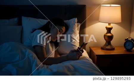 Woman checking her phone while lying in bed at night under soft lamp light 129895293