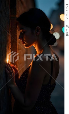 Woman touching candle flame on a city street during twilight 129895294