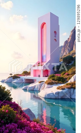 Stunning modern architecture by the waterside with vibrant landscape and mountains in the background during sunset 129895296
