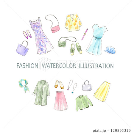 衣類小物の水彩イラストセット　円背景 129895319