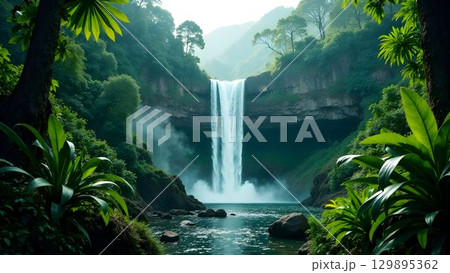 Majestic waterfall surrounded by lush greenery in a tropical landscape during early morning light 129895362